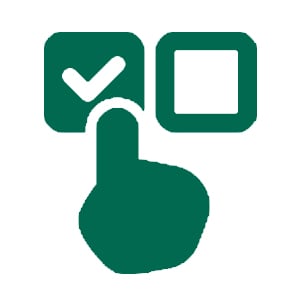 Grünes Icon, auf welchen eine Hand und zwei Boxen zu sehen sind, wobei die eine Box mit einem Haken versehen ist. Dieses Icon symbolisiert eine Auswahlhilfe.