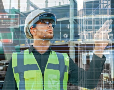 Futuristic Architectural Engineer Wearing Augmented Reality Headset, Uses Gestures to Create 3D Graphics VFX Model of a Building with Infographics. In Background Construction Site in Progress